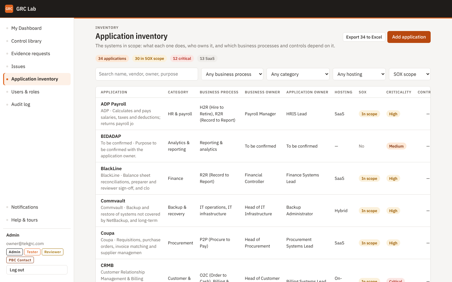 GRC Lab application inventory screen