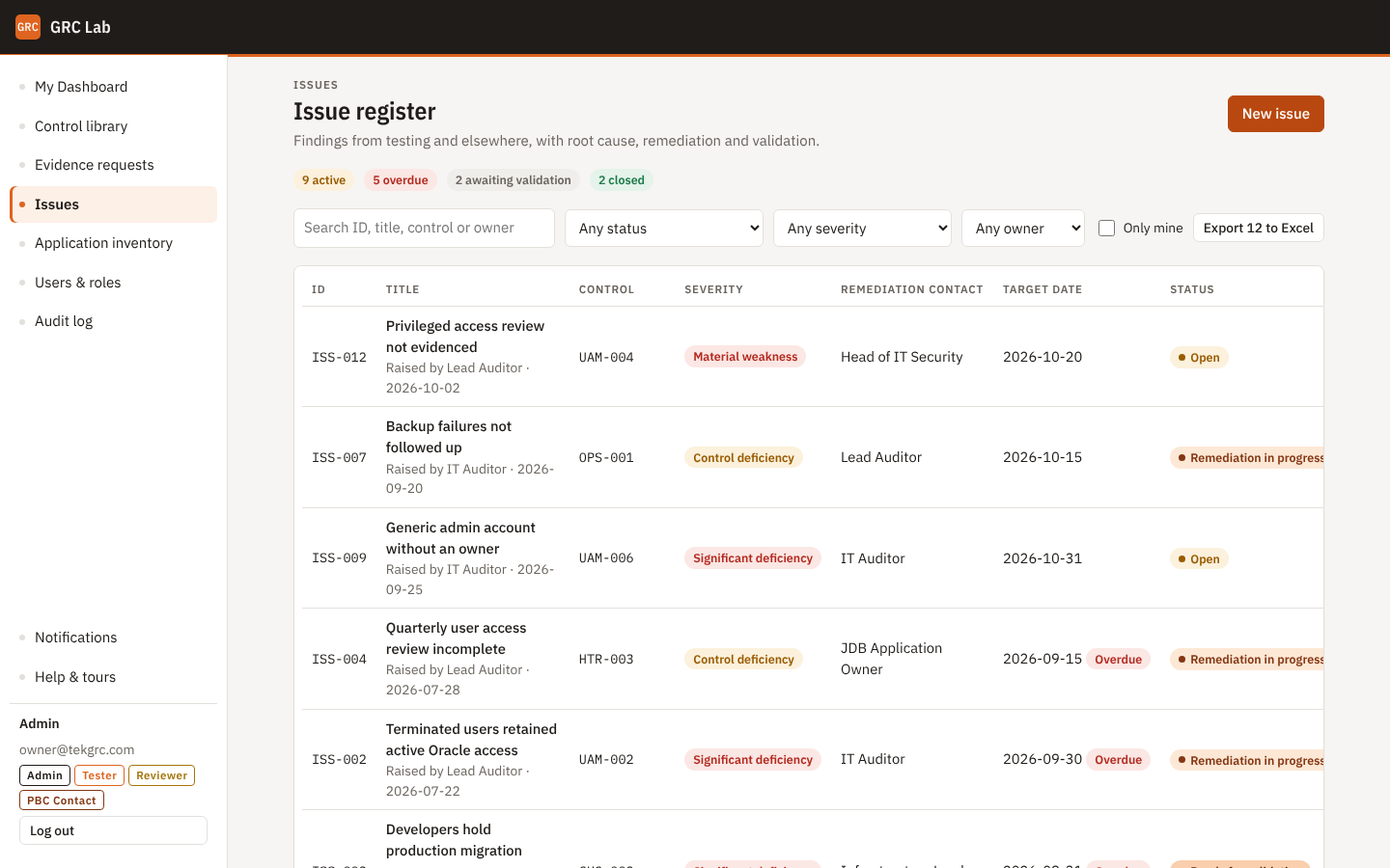GRC Lab issue register screen